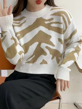 ניגוד צבעים סוודרים סרוגים נשים טלאים תבנית שרוול ארוך Pullovers נשי אלגנטי סלים צוואר עגול מזדמן המגשרים