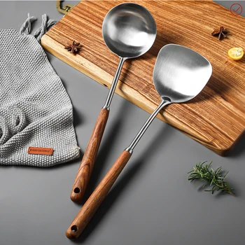 נירוסטה טרנר המרק עם כף מצקת עם ידית עץ כלי הבישול זמן להתמודד גדול מטבח בישול קיר לתלות