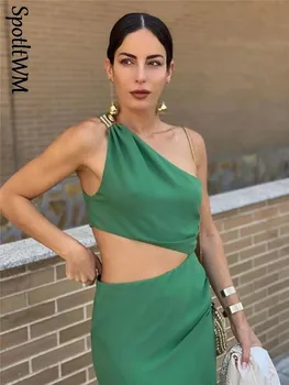 נשים אסימטרי מחוץ כתף ירוק Midi שמלת Ruched בנוי ללא משענת 2023 שמלה ארוכה בקיץ נשי אלגנטי מסיבת מועדון Vestidos