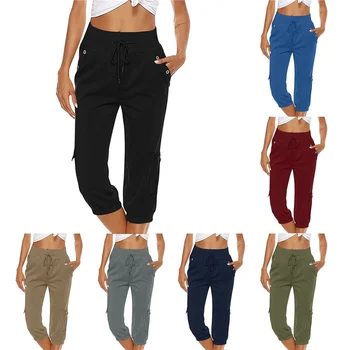 נשים מכנסי קאפרי, אלסטי המותניים 3/4 אורך המכנסיים קצוץ מכנסיים עם כיסים מזדמנים יומי