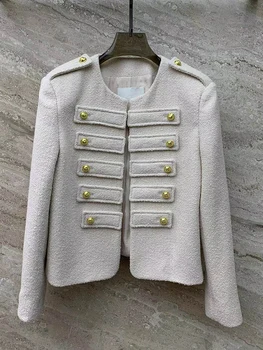 עיצוב וינטג 'צוואר עגול epaulettes כפול עם חזה צמר מעיל קצר נשים החדשה של סתיו אופנה יוקרה ז 'קט הג' קט