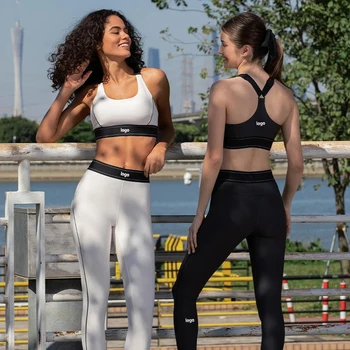 עם לוגו יוגה להגדיר נשים חלקה 2 חתיכת אימון חדר כושר ללבוש ספורט ניילון חותלות חוזק גבוה Shockproof חיצונית ריצה חזייה