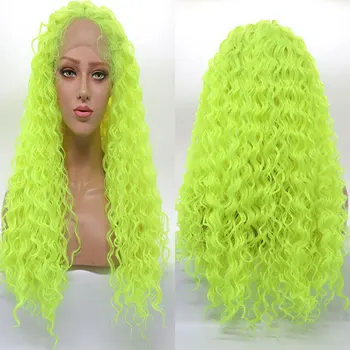 צבע ירוק בהיר שיער סינטטי פאה הקדמי של תחרה קופצני, מתולתל חום סיבים עמידים קו השיער הטבעי חינם פרידה לנשים פאות