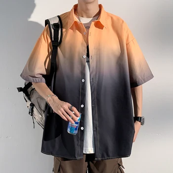 קוריאני אופנה גברים הדרגתיות מודפס שרוול קצר רופף הכפתור למטה חולצות 5XL 4XL