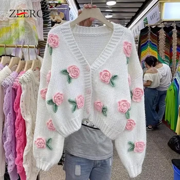 קוריאני חופשי 3D מתוק הוק רוז פרחים לסרוג סוודר קרדיגן ז ' קט V הצוואר סוודר מעיל נקבה סתיו חורף בגדי נשים