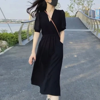 קיץ סתיו Slim Fit קו גדול ארוך שמלה סקסית אופנה יוקרתי שחור קצר השרוול V-צוואר שמלה