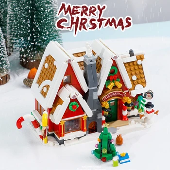 קלאסי סנטה קלאוס מושלג בית עץ חג המולד בניין עיר חברים חג המולד בקתה הרכבה, צעצועים לילדים מתנות חג