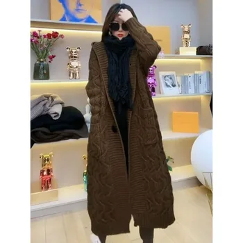 קרדיגן נשים ארוך סרוגים מזדמן בציר חופשי סוודר מעיל מוצק מנופחים סוודר אופנה קוריאנית נקבה אפודות 2023 Q498