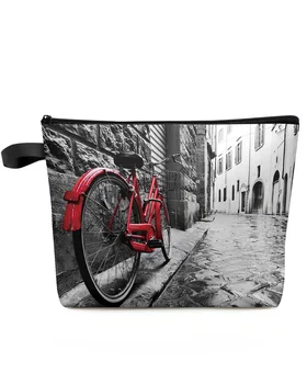רטרו, וינטג ' רד אופניים ברחוב בעיר העתיקה תיק האיפור בתיק נשים קוסמטיים שקיות ארגונית לאחסון קלמר