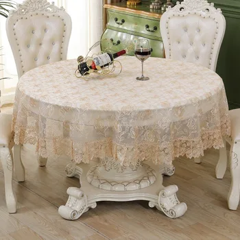 שולחן בד בצבע בז', עגול כיסוי שולחן רקומה תחרה רומנטית באירופה חלול שקוף פרח רוז זכוכית צמר לכסות