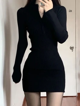 שחור טמפרמנט שמלת נשים סרוגים 2023 חדש סתיו/חורף ארוכה עם שרוולים קצרים החצאית עטופה הירך עם רוכסן תחתון חצאית