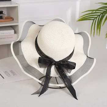 שמש לנשים מתקפל גדול ברים רפוי בנות כובע קש כובע השמש עם Bowknot אלגנטי הגנה הצללה חוף כובע לנשים
