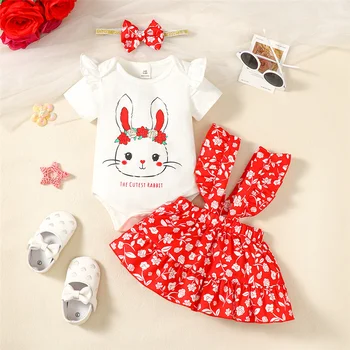 תינוקות תינוקת 3-24 חודשים 3PCS להגדיר לעוף שרוול הארנב הדפסה קצרות עם שרוול בגד גוף+אדום פרחוני חצאית+הכובעים חמוד סגנון הלבוש